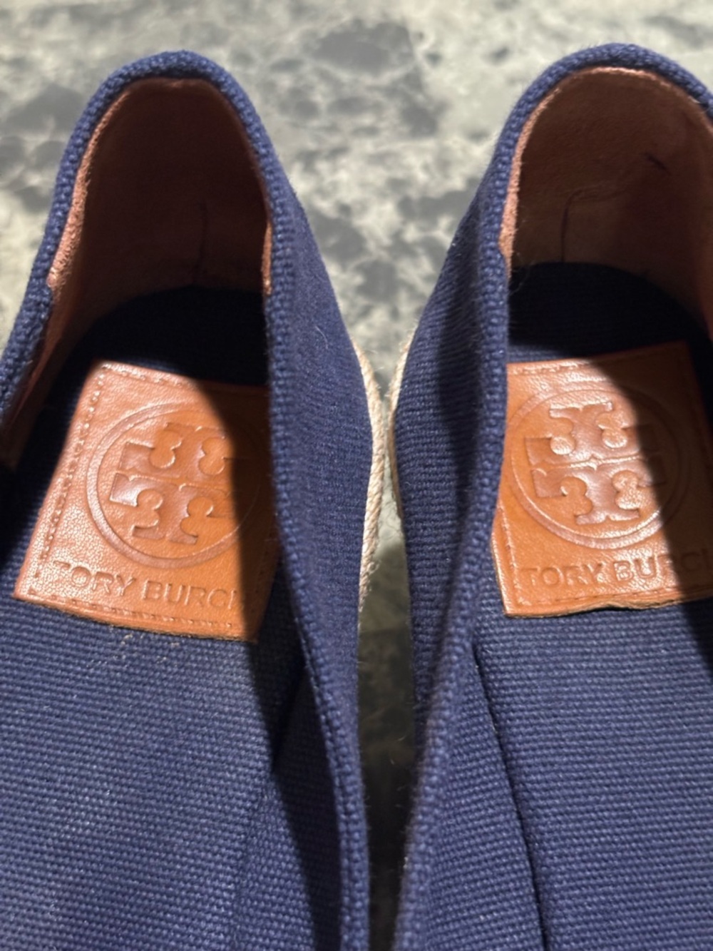 Tory Burch Navy Canvas Espadrille Wedge Peep-Toe - Picture 5 of 9